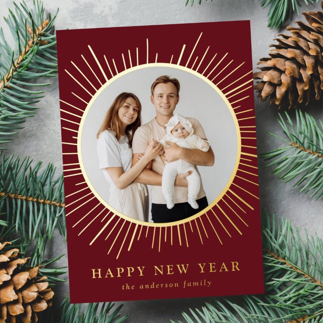 Burgundy and Gold Sunburst Happy New Year Photo Foil Holiday Card (Creator Uploaded)