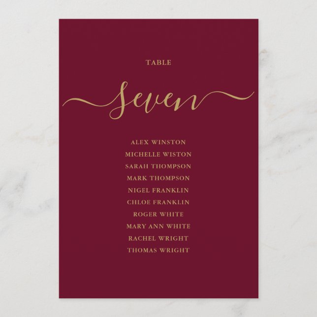 Burgundy and Gold Table Number Seating Chart (Front)