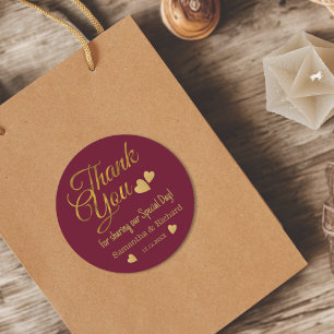 Burgundy And Gold Thank You Wedding Party Favour Classic Round Sticker