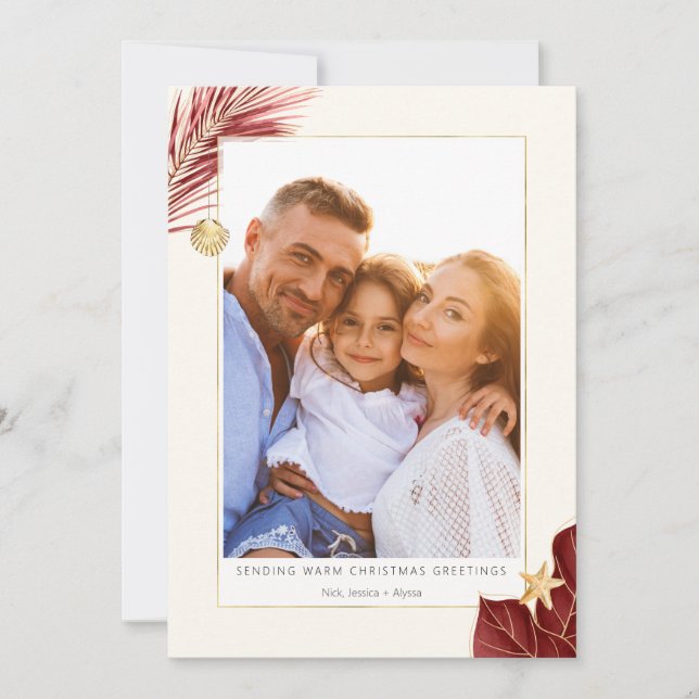 Burgundy and Gold Tropical Greenery Photo Holiday Card (Front)