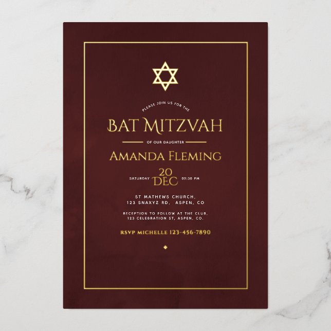 Burgundy and Gold Watercolor Bat Mitzvah Photo (Front)