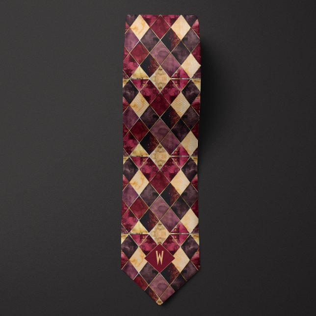Burgundy and Gold Watercolor Diamond Monogram Tie (Creator Uploaded)