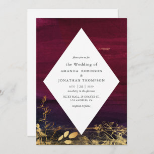 Burgundy and Gold Watercolor Wash Wedding Invitation