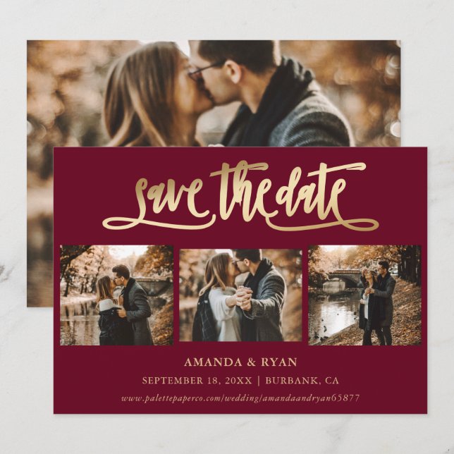 Burgundy and Gold Wedding 4 Photo Save The Date (Front/Back)