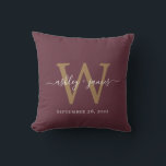 Burgundy and Gold Wedding Monogram Cushion<br><div class="desc">The Burgundy and Gold Wedding Monogram Pillow features elegant white calligraphy over a deep burgundy background with a bold gold initial. Perfect as a personalised wedding gift,  anniversary keepsake,  or home decor accent,  this custom pillow adds a touch of timeless elegance to any space.</div>