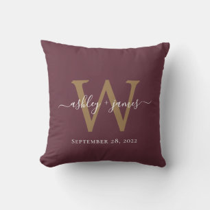 Burgundy and Gold Wedding Monogram Cushion