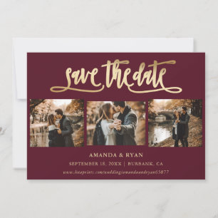 Burgundy and Gold Wedding Photo Save The Date