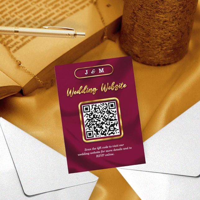 Burgundy and Gold Wedding Website QR Code Custom Enclosure Card (Creator Uploaded)