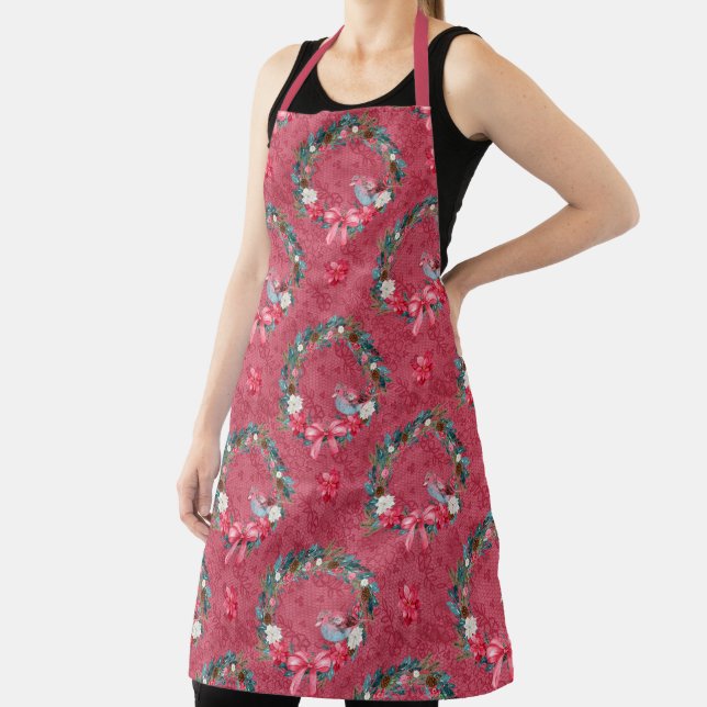 Burgundy and Green Christmas Wreath and Cardinal  Apron (Insitu)