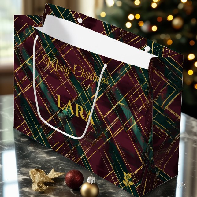 Burgundy and Green Crosshatch Christmas Custom Large Gift Bag (Creator Uploaded)