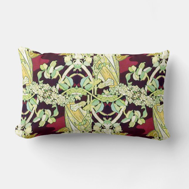 Burgundy and Green Floral  Mucha Remix Abstract Lumbar Cushion (Front)