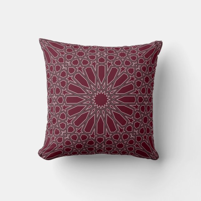 Burgundy and Grey Alhambra Geometric Pattern Cushion (Front)