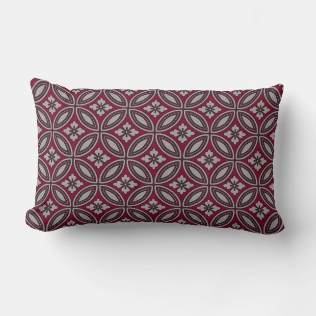 Burgundy and Grey Classic Floral Tile Pattern Lumbar Cushion (Front)