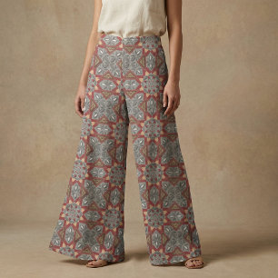 Burgundy and Grey Ethnic Mosaic Arabesque Pattern Fabric