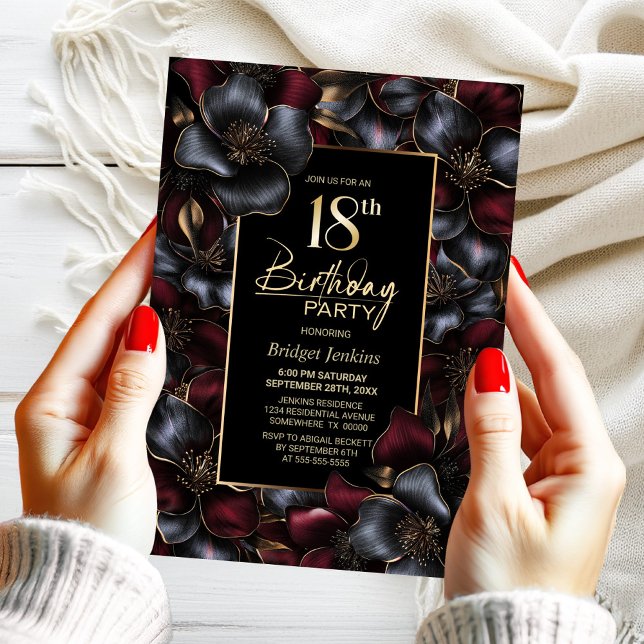 Burgundy and Grey Floral 18th Birthday Party Invitation (Creator Uploaded)