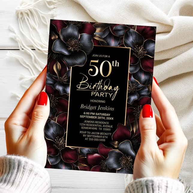 Burgundy and Grey Floral 50th Birthday Party Invitation (Creator Uploaded)