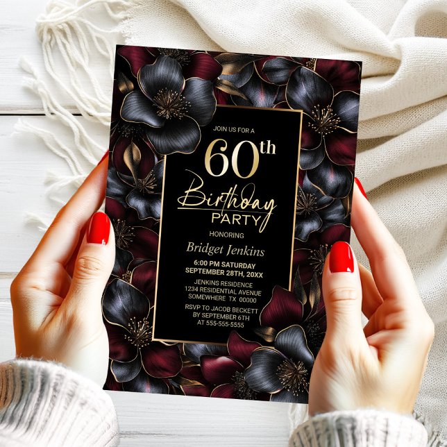 Burgundy and Grey Floral 60th Birthday Party Invitation (Creator Uploaded)