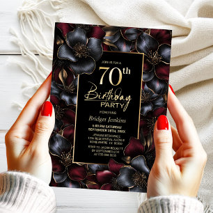 Burgundy and Grey Floral 70th Birthday Party Invitation