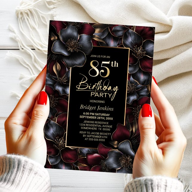 Burgundy and Grey Floral 85th Birthday Party Invitation (Creator Uploaded)