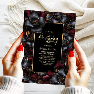 Burgundy and Grey Floral Any Age Birthday Party Invitation