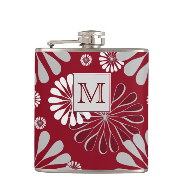 Burgundy and Grey Floral Monogram Hip Flask (Front)