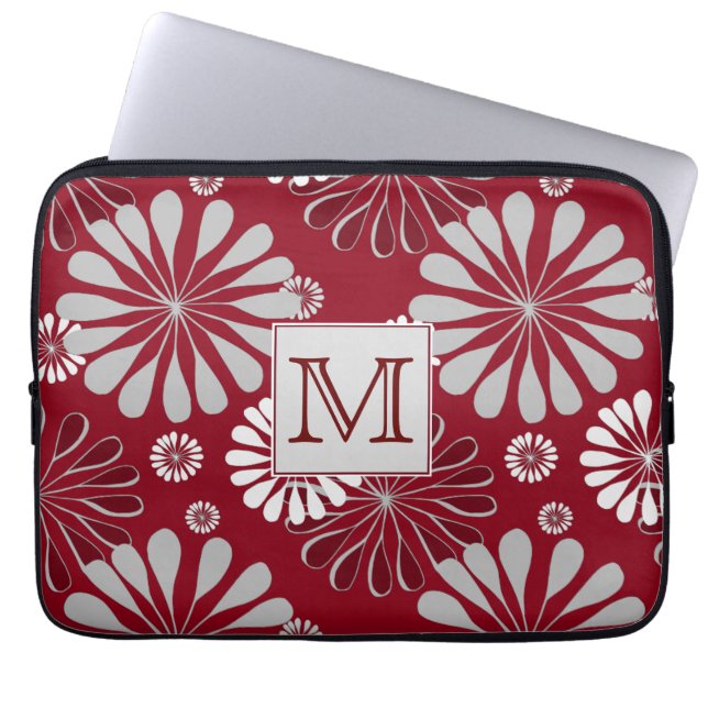 Burgundy and Grey Floral Monogram Laptop Sleeve (Front)