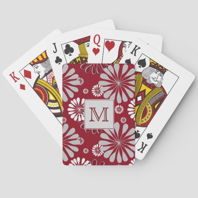 Burgundy and Grey Floral Monogram Playing Cards (Back)