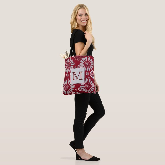 Burgundy and Grey Floral Monogram Tote Bag (On Model)