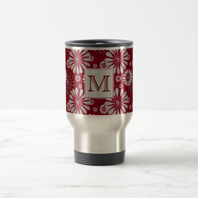 Burgundy and Grey Floral Monogram Travel Mug (Center)