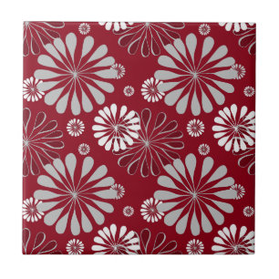 Burgundy and Grey Floral Pattern Ceramic Tile