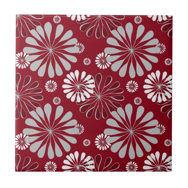 Burgundy and Grey Floral Pattern Ceramic Tile (Front)