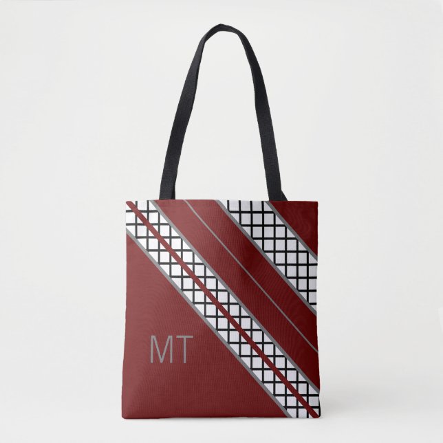 Burgundy and Grey Monogram Tote Bag (Front)