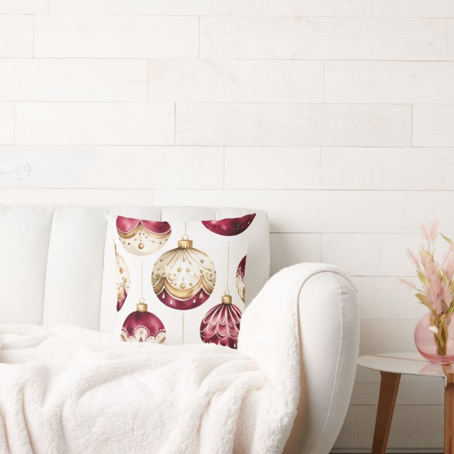 Burgundy and Ivory and Gold Christmas Ornaments Cushion (Couch)