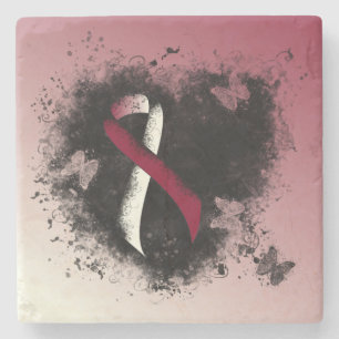 Burgundy and Ivory Ribbon Grunge Heart Stone Coaster