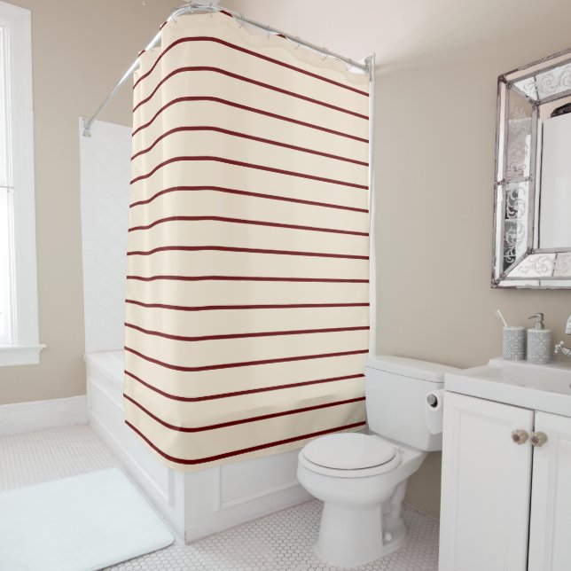 Burgundy and Ivory Stripes Geometric Pattern Shower Curtain (In Situ)