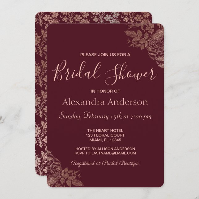 Burgundy and Marsala Floral Rose Bridal Shower Invitation (Front/Back)