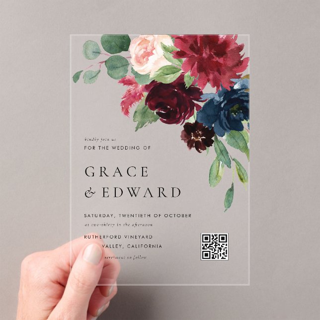 Burgundy and Navy Blue Botanical QR Code Wedding Acrylic Invitations (Insitu (Handheld))