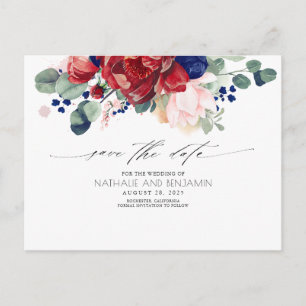 Burgundy and Navy Blue Floral Boho Save the Date Postcard