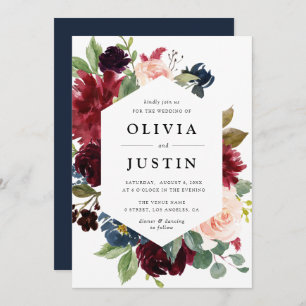 Burgundy and navy blue floral frame wedding invitation