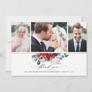 Burgundy and Navy Blue Floral Wedding 3 Photos Thank You Card