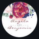 Burgundy and Navy Blue Floral Wedding Classic Round Sticker<br><div class="desc">Botanical floral blue and red wedding stickers</div>