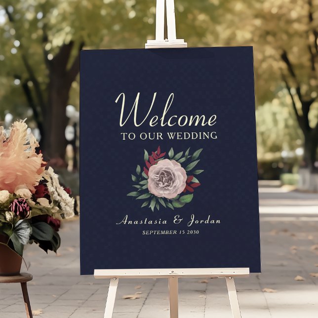 Burgundy and Navy Blue Floral Wedding Welcome Poster (Creator Uploaded)