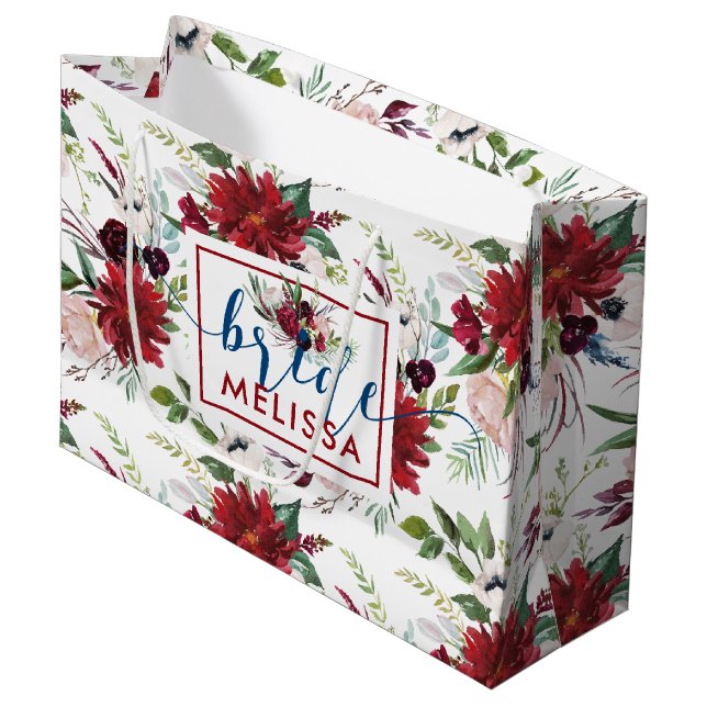 Burgundy and navy-blue flowers pattern large gift bag (Front Angled)
