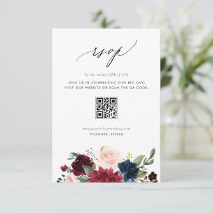 Burgundy and Navy Blue Flowers QR Code Wedding RSVP Card