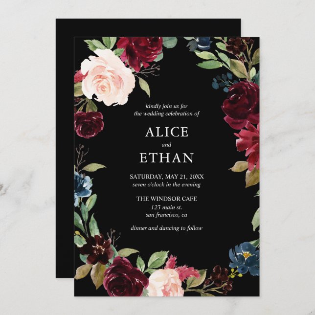 Burgundy And Navy Blue Flowers Wedding Invitation (Front/Back)