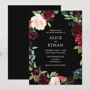 Burgundy And Navy Blue Flowers Wedding Invitation
