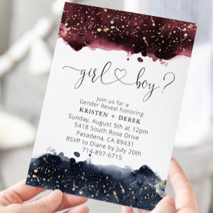 Burgundy and Navy Blue Watercolor Gender Reveal  Invitation