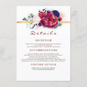 Burgundy and Navy Blue Wedding Information Enclosure Card