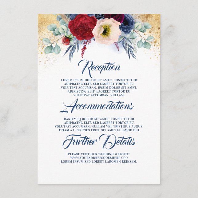 Burgundy and Navy Blue Wedding Information Guest Enclosure Card (Front)