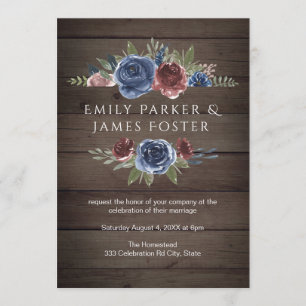 Burgundy and Navy Blush Floral Rustic Wood Wedding Invitation